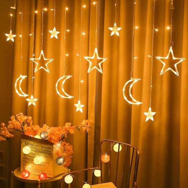 3,5M 120-LED Stjerne-Måne Gardin – Varmhvit, USB/Batteri Romdekor