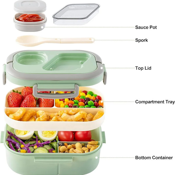 Divided frokostboks 2-lags madkasse salatskål takeaway skolefrokostboks med ske sauceskål (grøn)