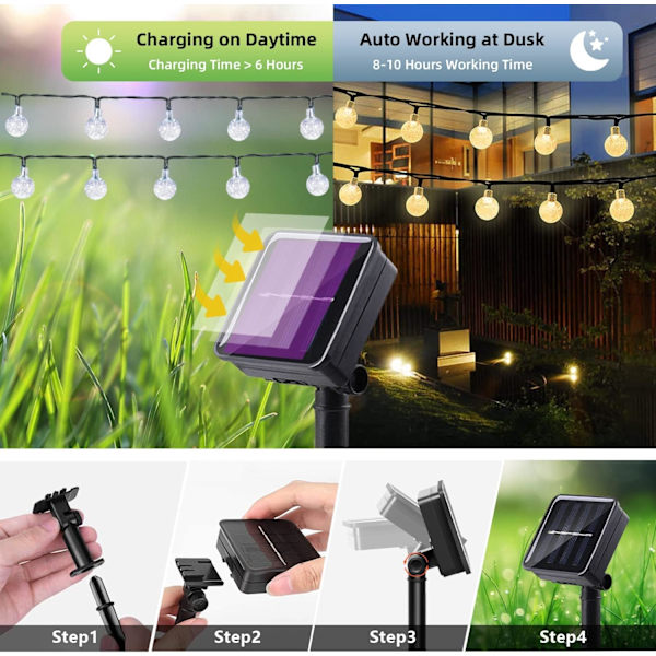 20 LED dekorative krystallkule solcellelyssnor Super Bright utendørslys med 8 lysmoduser