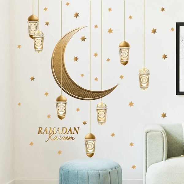 Ramadan-tarrat seinäkoristeluun, seinätaidekoristelu, kuu, tähdet, kirjaimet, itseliimautuvat tarrat, kultakoriste, seinätarrat