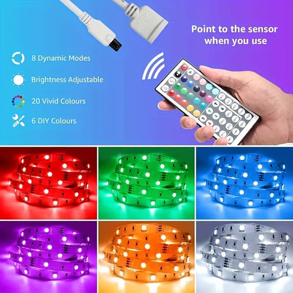 3M USB LED-stripe, 44-tasters app-kontroll, RGB for hjem/jul/fest