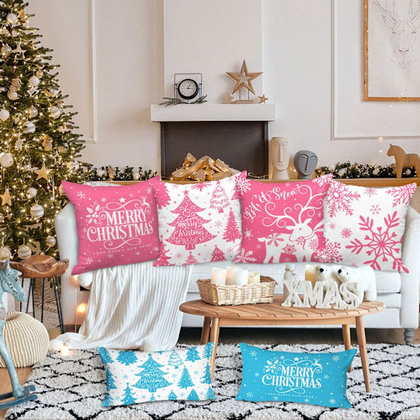 4-pack 45 cm Vit-Rosa Snöflinga Kuddfodral – Jul Soffset