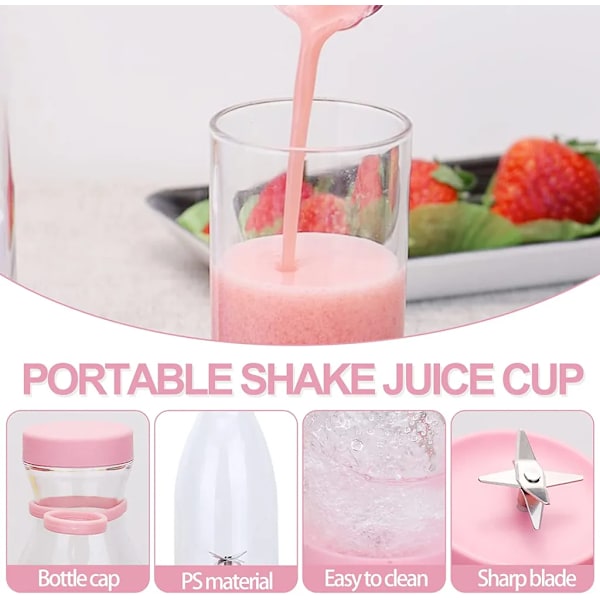 Smoothie Maker, 380ml Genopladelig USB Bærbar Smoothie Blender til Shakes Juice Smoothies, Elektrisk Juice Flaske (Pink)