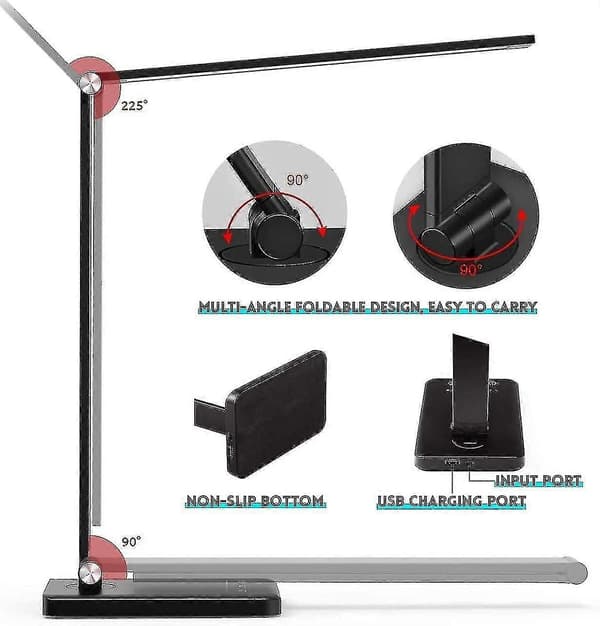 LED Skrivebordslampe med Trådløs Opladning, Sort, 33*12*39cm
