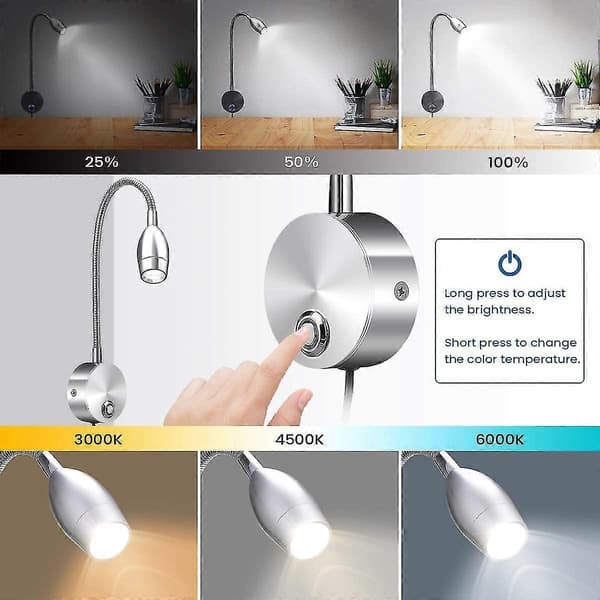 360° Fleksibel LED Boklampe, 3 Lysstyrker, USB, Seng/Skrivebord/Reise