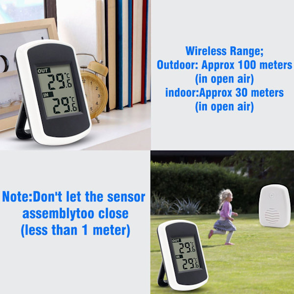LCD digital trådlös termometer inomhus eller utomhus, mini inomhus temperatursensor, liten exakt vädertestare i hem sovrum och kontor, vit