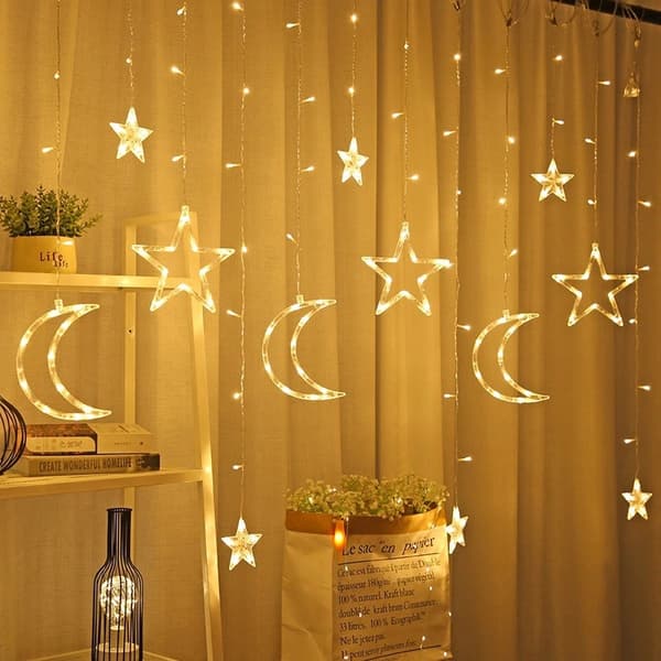 3,5M 120-LED Stjerne-Måne Gardin – Varmhvit, USB/Batteri Romdekor