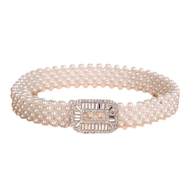 Dam vit pärlhalsband i midjan, elegant elastisk