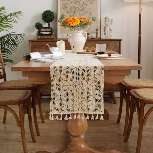 Bordslöpare Boho, 30x200CM Boho-dekoration, bordslöpare beige med tofsar, för dekoration Boho, bröllop, möhippa, matbordsdekoration