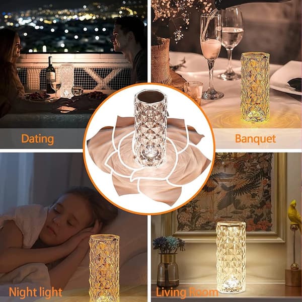 Rose krystall bordlampe, USB-lading med berøringsfjernkontroll