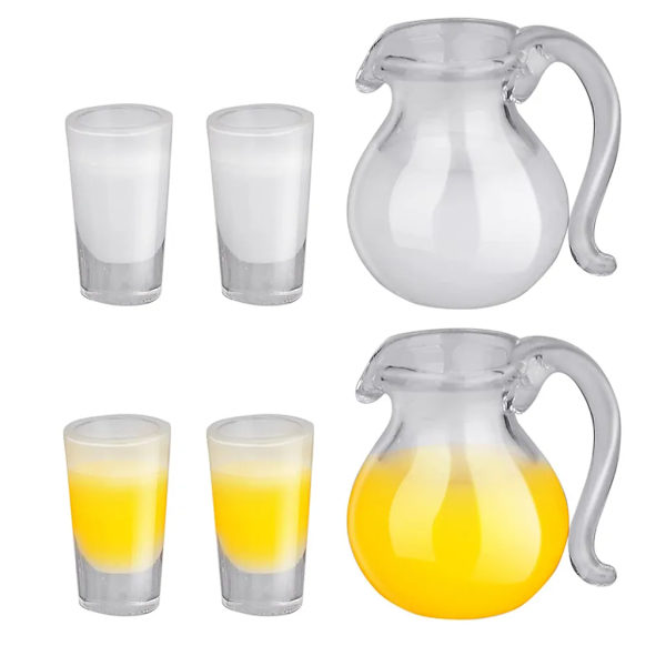6 st 1/12 miniatyr mjölkkanna dryck apelsinjuice burk med glas dockhus kökstillbehör