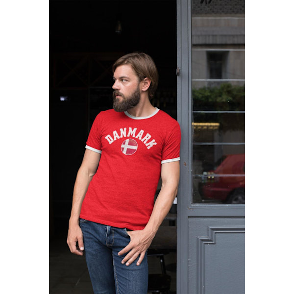 Rød tipped T-skjorte med Danmark supporter trykk ringer trøye L Large l