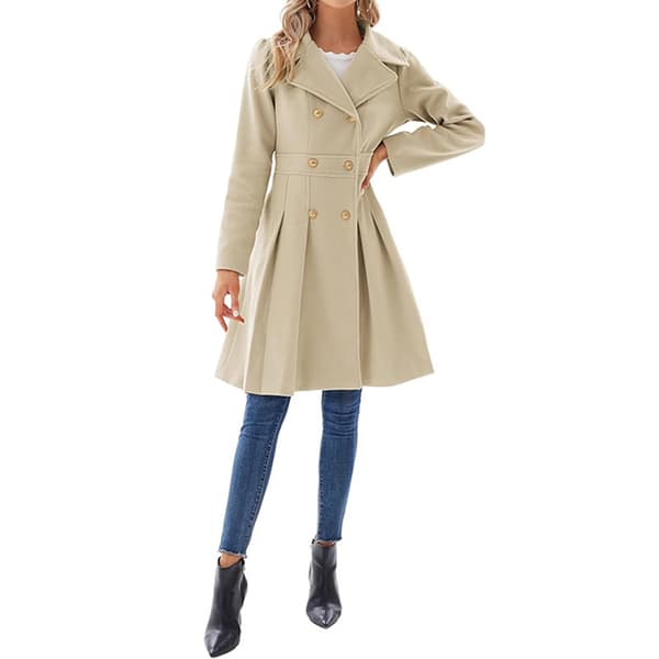 Women's Trench Coat Fashion Sharp Shirt Collar Double-Breasted Thick A-Line Jacket Beige