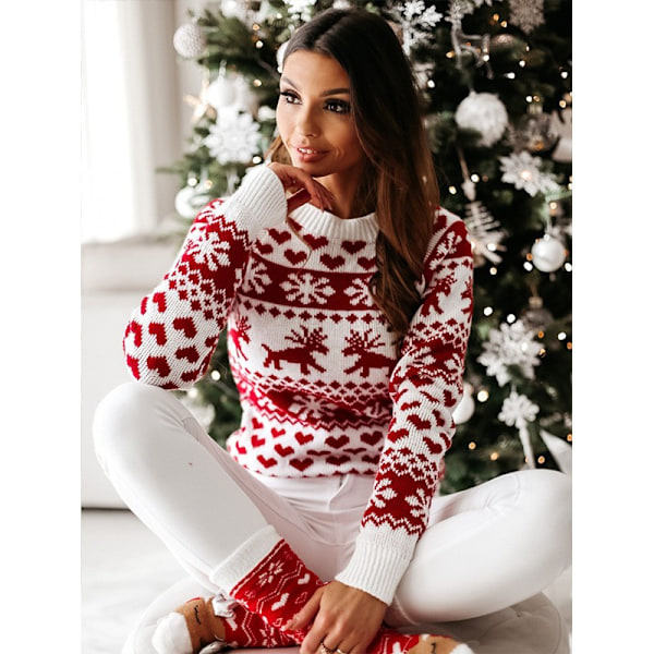 Kvinder julestrikket sweater julemandsprint trøje Red-FS4- Red S