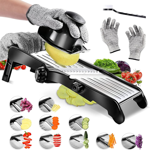 Justerbar grönsaksskärare, professionell Julienne-skärare, från papperstunn till 9 mm, med säkerhetshandskar och rengöringsborste