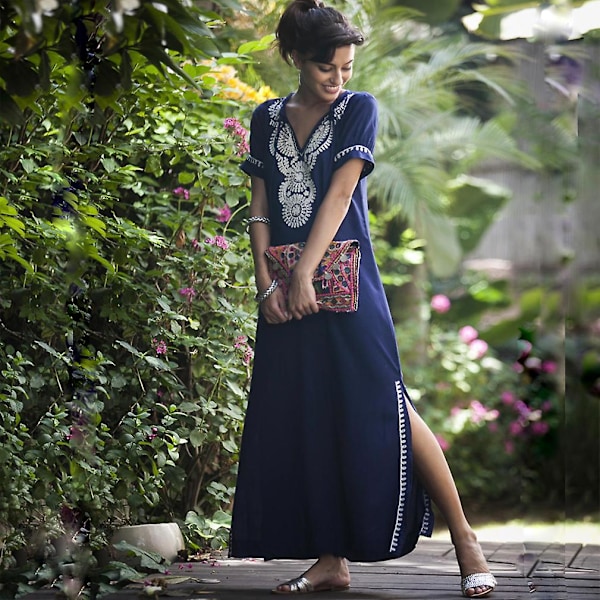 Kortärmad Sommar Bikini Överdrag Broderi Strandkläder Kaftan-X41-