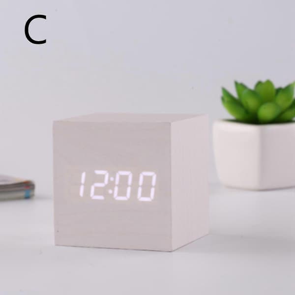 LED Digital Alarm Clock Wood Imitation Table Clock Night Light Thermometer Snooze Alarm Clock DE FP-FS- White