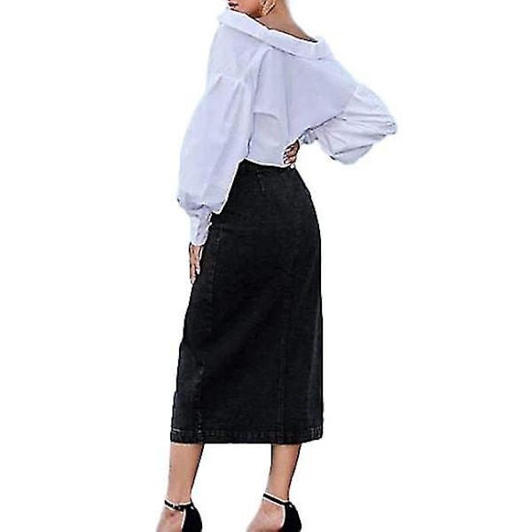 Dam Casual Hög Midja Enfärgad Knäppt Jeanskjol Svart-FS2- Black M