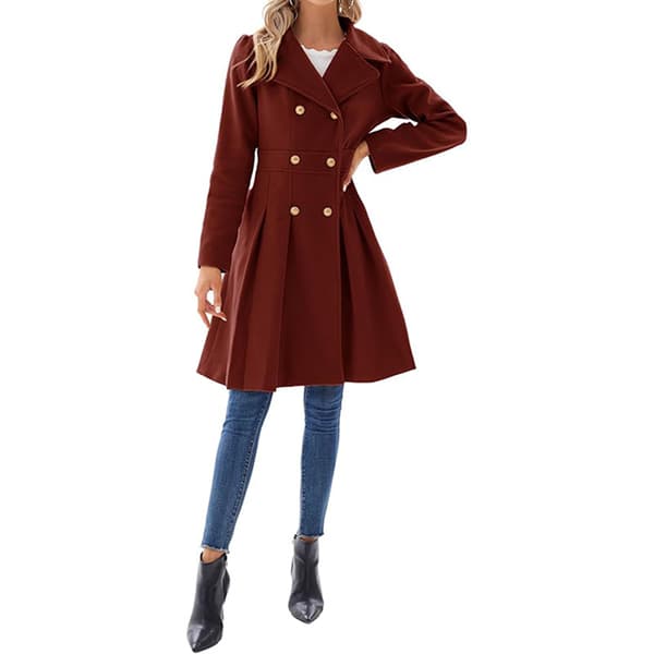 Women's Trench Coat Fashion Sharp Shirt Collar Double-Breasted Thick A-Line Jacket Dark Red