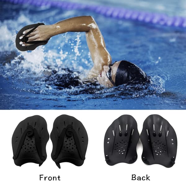 1 Pair Swimming Hand Paddles Swim Paddles with Adjustable Straps Strength Training Aid Pool Training Equipment Accessories BIack