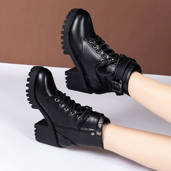 Damskor Högklackat Vinter Ljusbrun Chunky Platform Sock Boots Skor Kvinnor Mellanhöga Tjock Klack Stövletter Storlek-FS1- 40