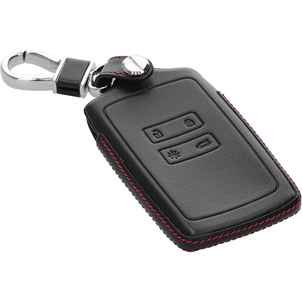 Fodral Kompatibelt med Renault Smart Key 4-knapp (Endast Keyless Go) - Svart-Röd-Äkta Läder Bilnyckelfodral med Nyckelring-FS1-