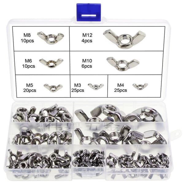 Wing Nuts, 100 pcs Stainless Steel Metric Thread M3 M4 M5 M6 M8 M10 M12 Butterfly Wing Nuts Assortment Kit for DIY Tools-FS-
