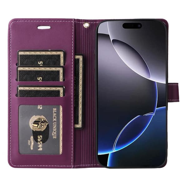 iPhone 17 Pro Max Leather Case with Six Card Slots and Strap Purpur