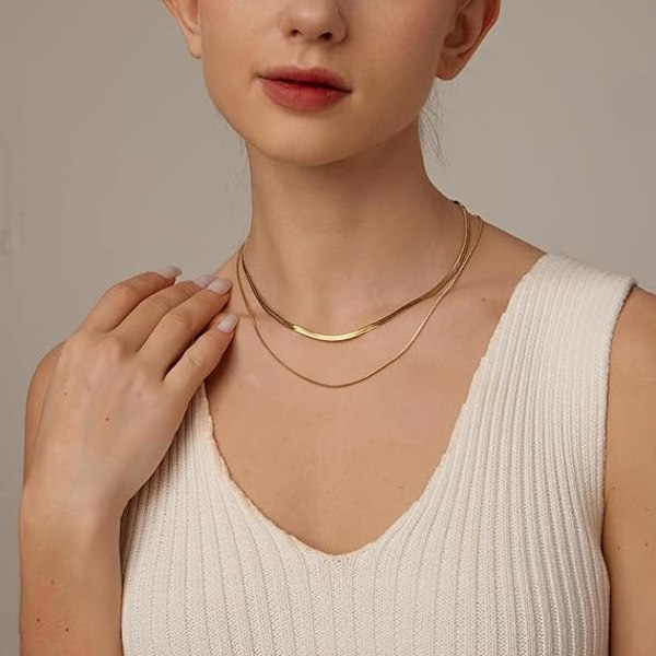 Ormkjede Halskjede 14K Gull/Sølvbelagt Fiskebeinsmønster Halskjede Gull Choker Halskjede for Kvinner Jenter Gaver Smykker-FS1-