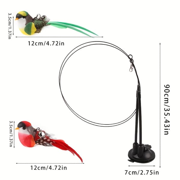 Interactive Cat Wand Toy with Long Double Rod & Powerful Suction Cup - Hands-Free Cat Toy with Artificial Feather Attachment (Red/Green (BR)