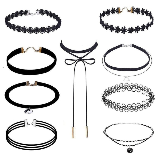 9 delar Choker Halsband Set Stretch Classic Gothic Choker