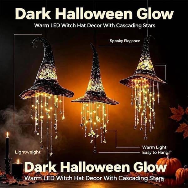 Riippuva Halloween-koriste valaistulla velhonhatulla ja tähtitupsuilla sisä- ja ulkokäyttöön