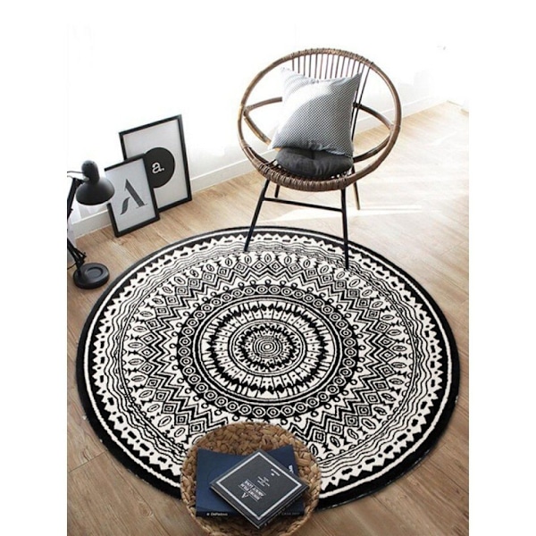 Rund Matta 100cm Svart Mandala Mjuk Badrumsmatta Halkskydd Tvättbar Accent Kast Fnasig Golvmatta för Entré Vardagsrum Sovrum Barnkammare-FS5-
