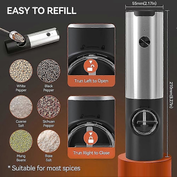 Oppladbart Elektrisk Salt- og Pepperkvernsett med Dobbel Ladestasjon, USB-kabel, Automatisk S(FMY)-X42-