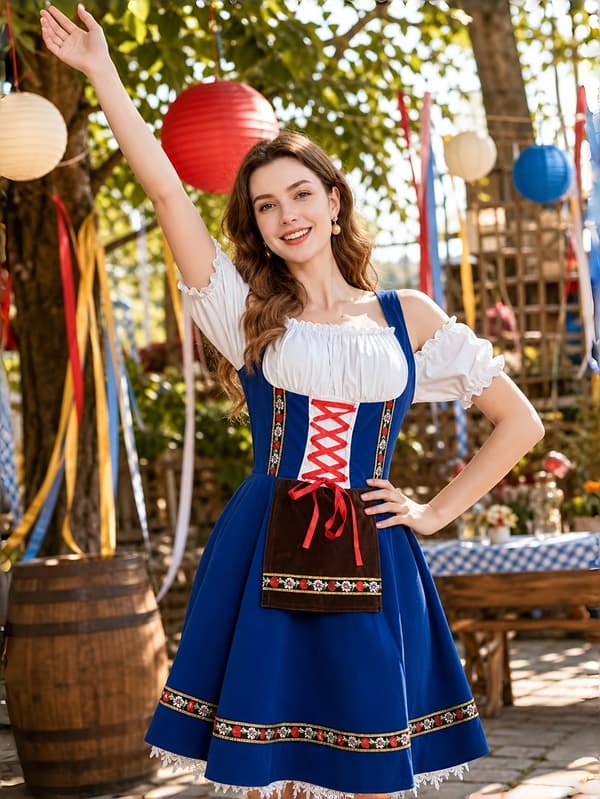 Dirndl kjole til kvinder Oktoberfest bayersk kostume til festival og karneval M Blue