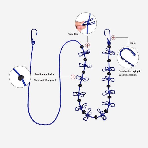 Portabel Elastisk Resklädstreck, Sträckbar Torkklädstreck Vindtätt, Justerbar Tvättsnöre med 12 Klädnypor svart