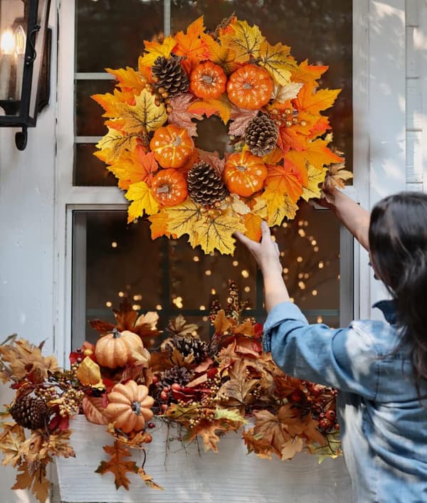 40 cm efterårsløvkrans, efterårskrans med græskar og kogler, velegnet til efterår, halloween, Thanksgiving-krans til hoveddøren-FS-