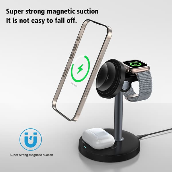 3-i-1 Magnetisk Trådløs Opladerstander til Telefon, Ur og Høretelefoner Black