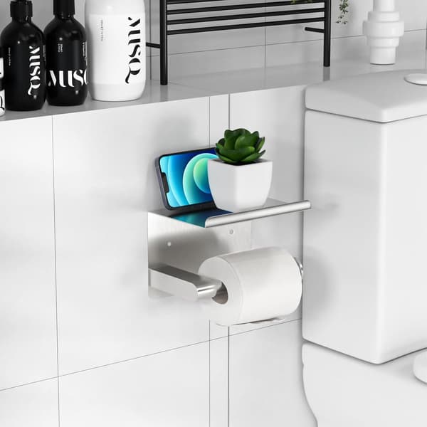 Toiletpapirholder i børstet nikkel til vægmontering med hylde til ekstra store ruller, rustfrit stål, rustfri til badeværelset