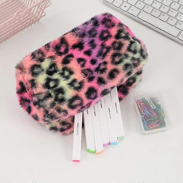 【BQ】Multifunctional Pencil Case with Neon Leopard Pattern - Rainbow Organizer for School, Travel, Cosmetics, and Keys
