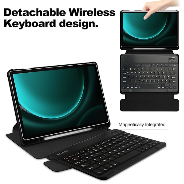 Samsung Galaxy Tab S9 FE Plus Kotelo, Bluetooth-näppäimistöllä ja pyörivällä jalustalla -X45- Black