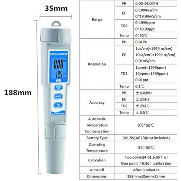 4 i 1 Vanntett Ec / Tds / Ph / Temp - Vannkvalitetstester