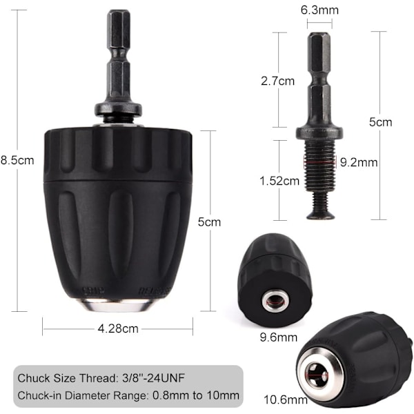 3/8 tum 24 Unf Nyckellös Chuck 0.8-10mm Snabbspänningsverktyg