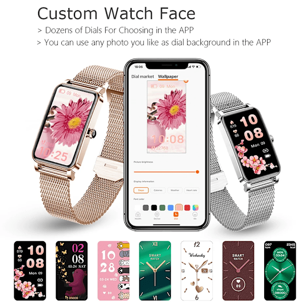PLUMZONG Dam Smartklocka Anpassade Urtavlor Full Touch Screen IP68 Vattentät Smartwatch Dam Härligt armband-FS2- Rose Gold