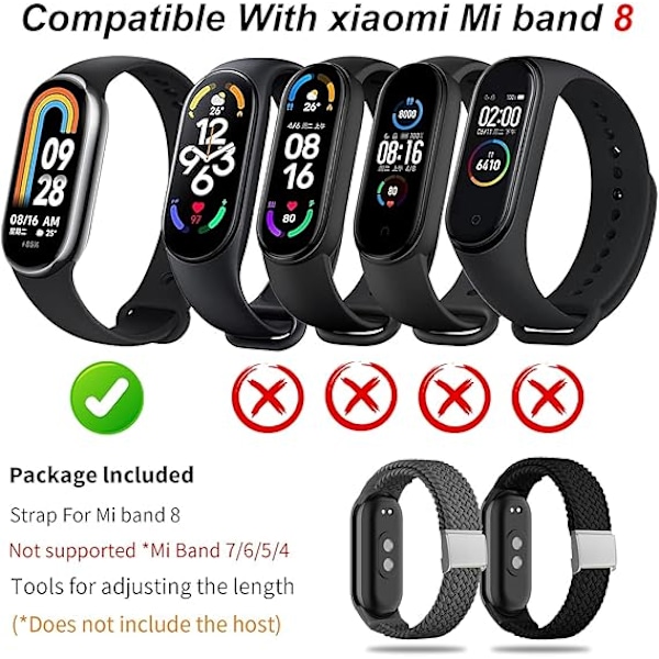 Flettet urrem til Xiaomi Mi Band 8, Sport elastisk nylon udskiftning blødt armbånd til Xiaomi Mi Band 8, kvinder og mænd