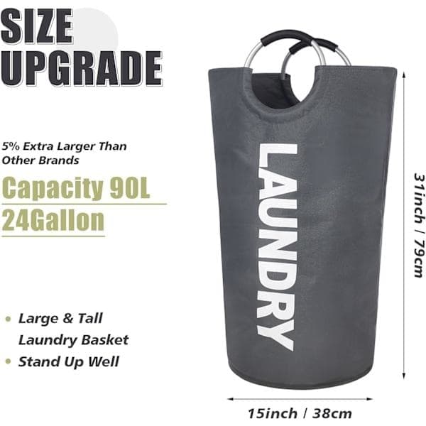 Laundry basket with padded handles, waterproof foldable laundry hamper, laundry basket for bathroom, laundry room, dorm dark grey