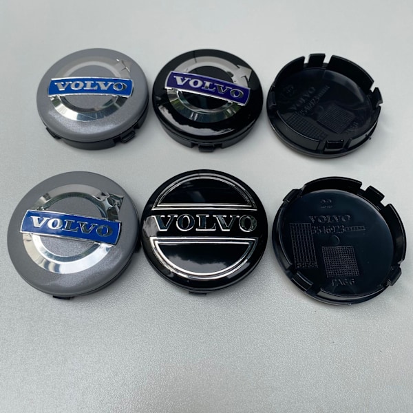 4 st Volvo aluminiumfälgar, navkapslar, 64mm, svart/blå, C70, S60, V60, V70, S80, XC90