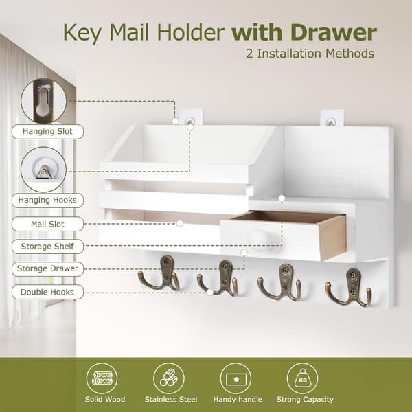 Wall Mounted Wooden Key Holder with Drawer, Small Shelf, 8 Hooks, Two Mounting Options, White.-FS-