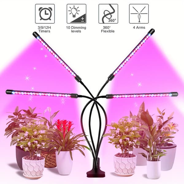 Full Spectrum LED Växtlampa för Inomhusbruk med Timer Dimbar Clip-4 Tubes Purple