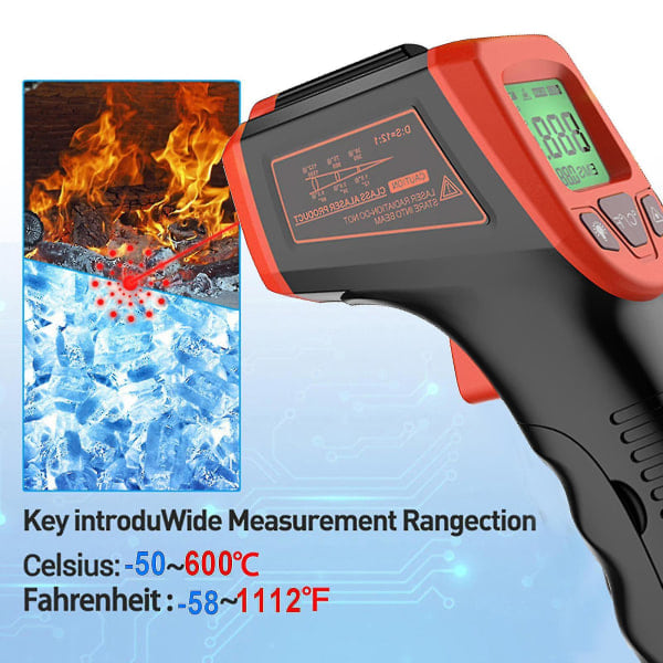 LCD-laserpyrometrinen infrapunalämpömittari jopa 600 °C:n lämpötilan mittaukseen